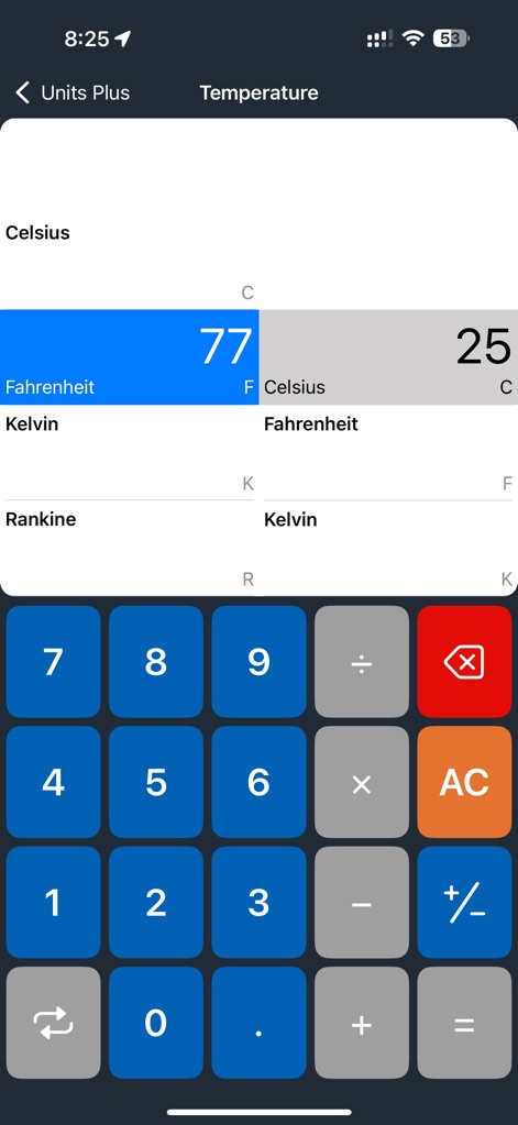 Unit Converter - Best Unit App - Execute temperature transformations effortlessly, using the intuitive Fahrenheit/Celsius toggle and the accessible numeric keypad for direct input.