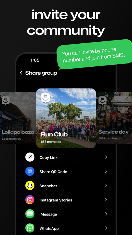 GroupMe App Store screenshot 6, headline “invite your community”. Has a subline.