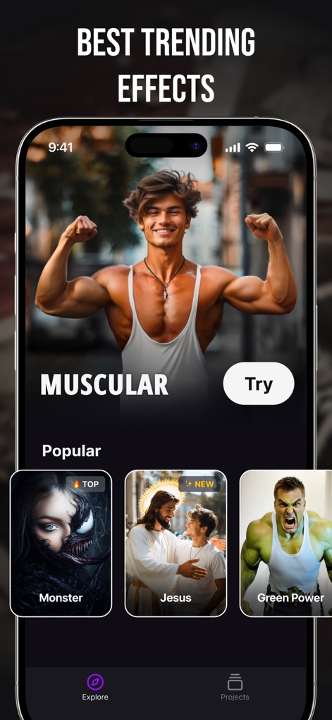 Live Photo: AI Image Generator - Explorez une vaste gamme d'effets IA innovants pour transformer vos images, des métamorphoses en personnages musclés aux scènes thématiques populaires comme 'Jesus' ou 'Monster'.