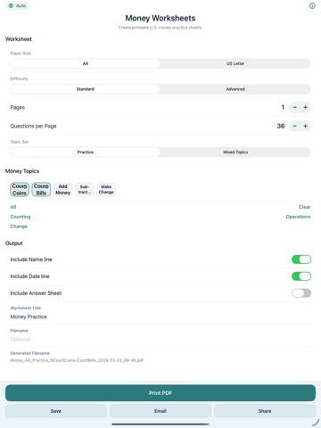 Money Worksheets iPad screenshot