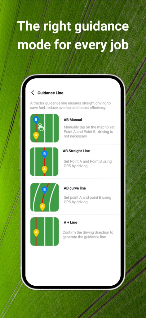Tractor GPS : Field Navigator - Les utilisateurs peuvent choisir parmi une variété de modes de guidage, tels que la 'Ligne droite AB' et la 'Ligne courbe AB', illustrés clairement pour chaque type de tâche.