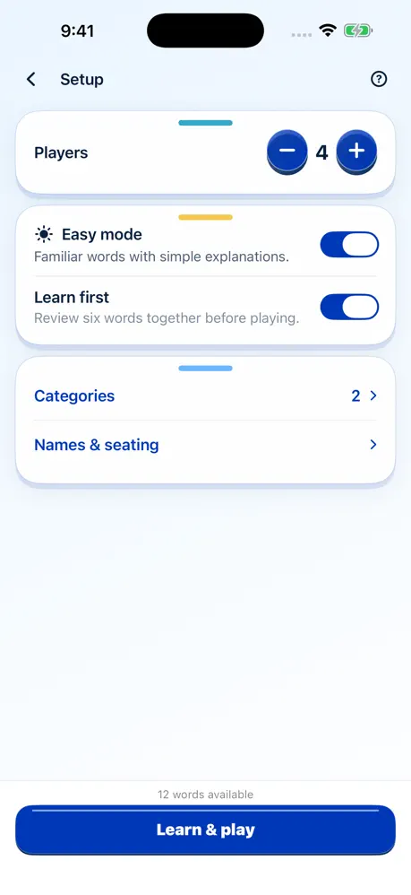 Jewposter setup showing four players, Easy Mode, Learn first, categories, and names and seating options