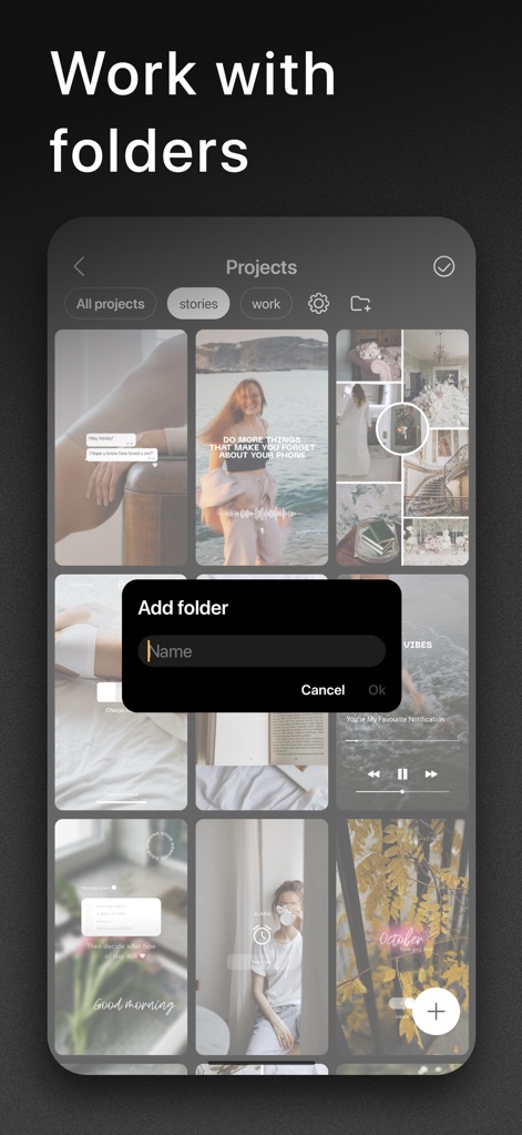 Graphionica: Story Maker - This app streamlines content management by allowing users to organize projects into custom folders, accessed via a clear 'Add folder' interface, ensuring easy navigation through various creative works.