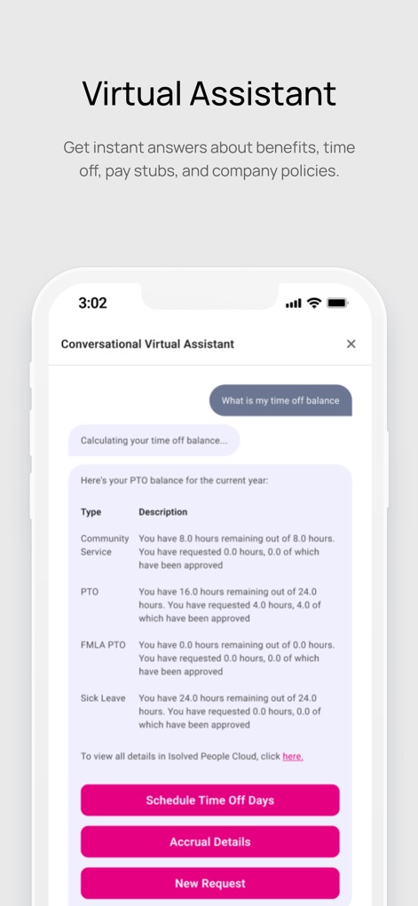 isolved People Cloud - The intelligent 'Conversational Virtual Assistant' provides instant access to crucial HR information, clearly displaying the 'PTO balance for the current year' and offering options to schedule time off.
