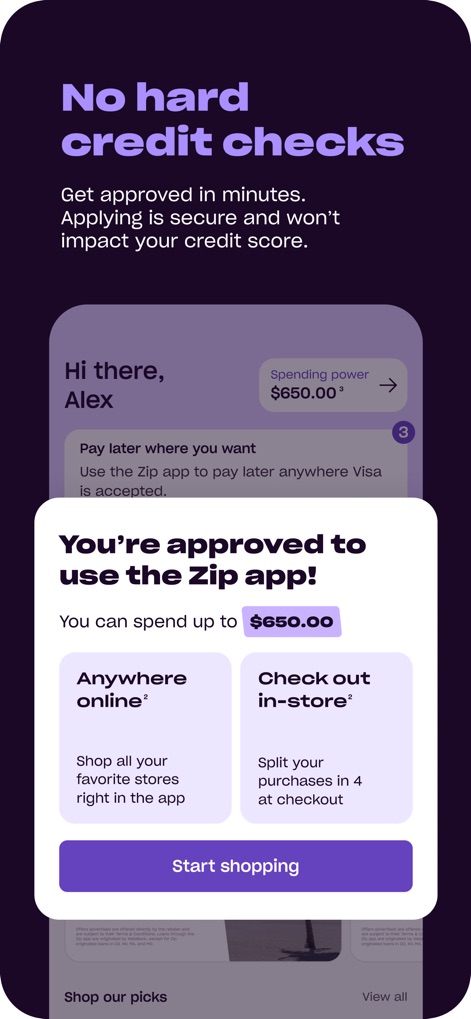 Zip - Buy Now, Pay Later - Witness the app's instant approval notification and the display of estimated spending power available for both online and in-store purchases.