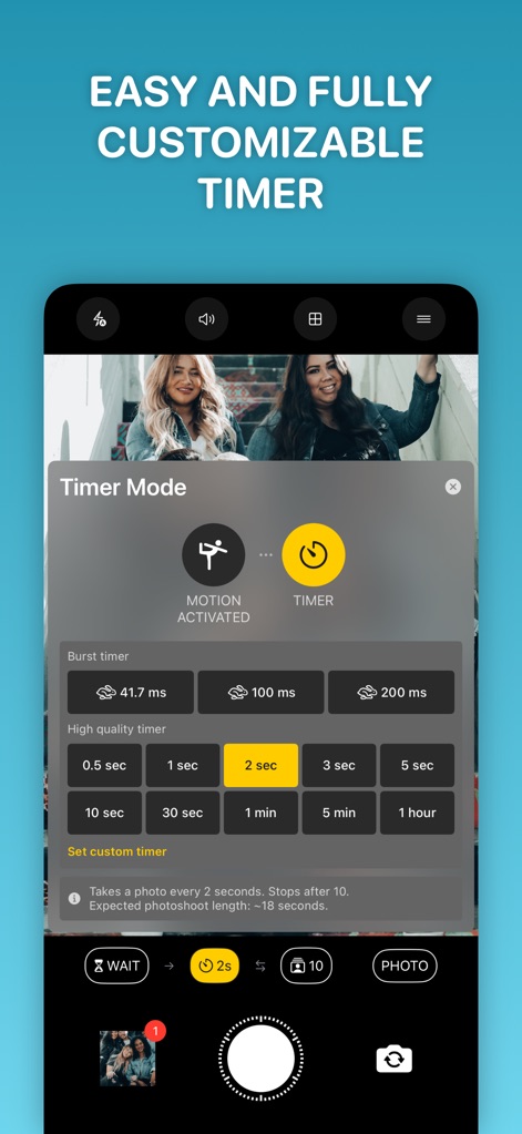 Lens Buddy - Self Timer Camera - このアプリは、ユーザーが撮影間隔を秒単位から時間単位まで自由に設定できます。モーション起動オプションと2秒の撮影間隔設定により、完璧なタイミングでの撮影が可能です。