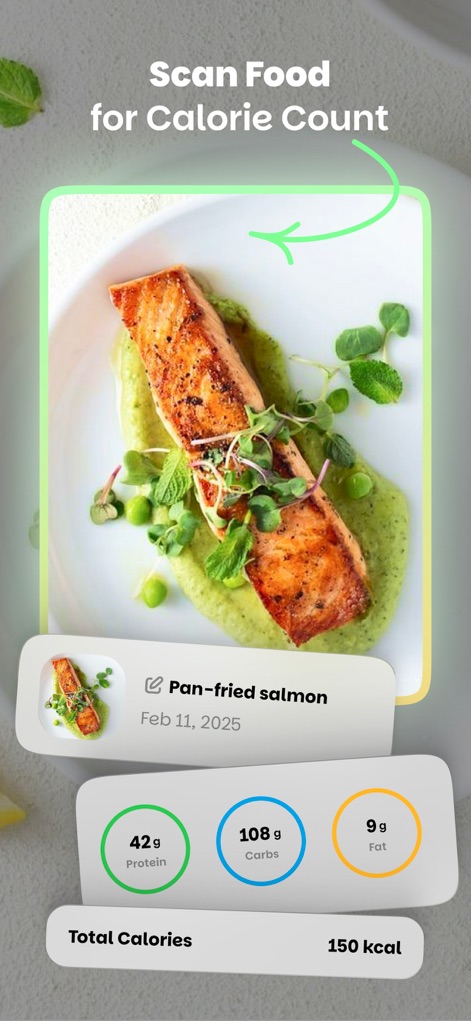 Wellify - Simplify Wellness - La función de escaneo de alimentos proporciona un conteo automático de calorías, complementado con un desglose nutricional específico de proteínas, carbohidratos y grasas.