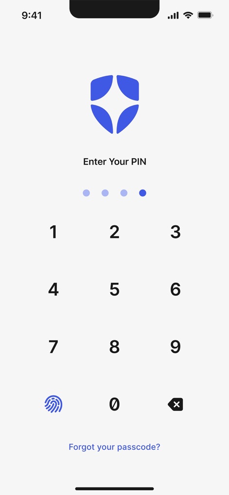 Auth0 Guardian - Die App bietet eine klare Oberfläche zur Eingabe des PINs mit einem numerischen Tastenfeld und einer zusätzlichen Option für biometrische Entsperrung per Fingerabdruck.
