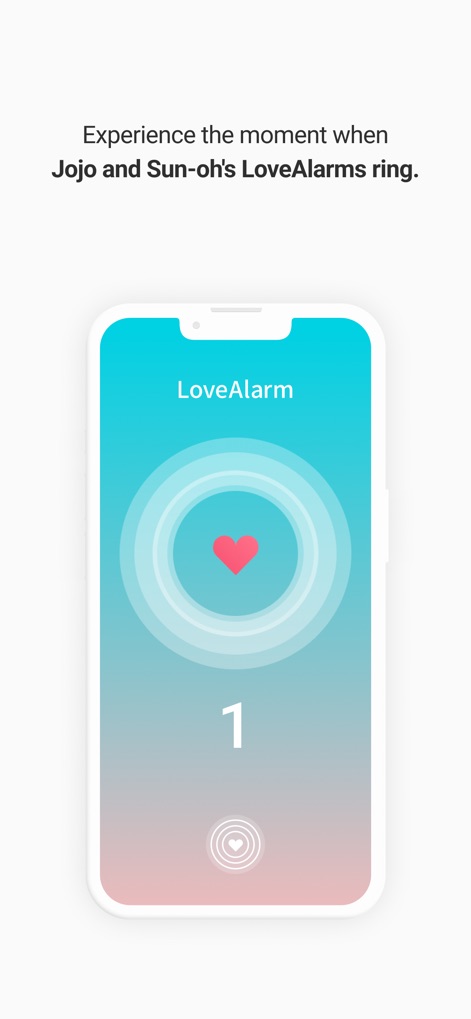 LoveAlarm - 좋아하면 울리는 공식앱 - Users can immerse themselves in the core experience, observing the prominent central heart animation and the numerical '1' signaling a detected affection.