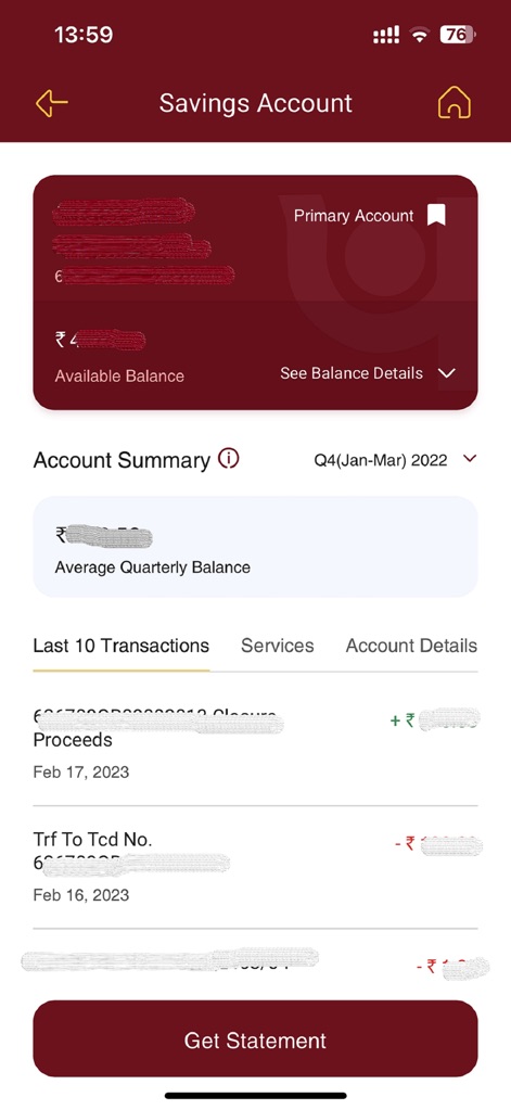 PNB ONE - Users can view a detailed summary of their 'Savings Account', including the 'Last 10 Transactions' and the option to 'Get Statement' for comprehensive records.