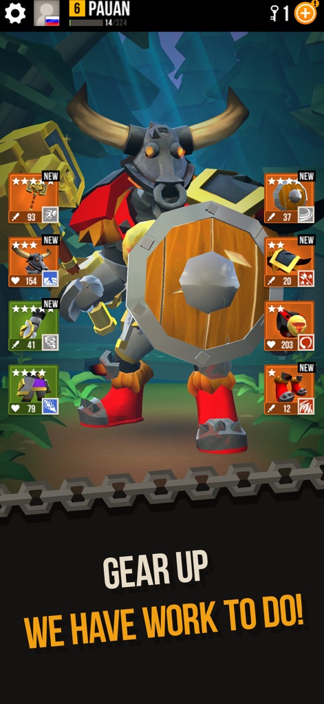 Duels - PVP game of Knighthood - Users can extensively customize their heroes by selecting from a vast arsenal of armor and weapons, each displaying specific stat improvements with sword and heart icons.