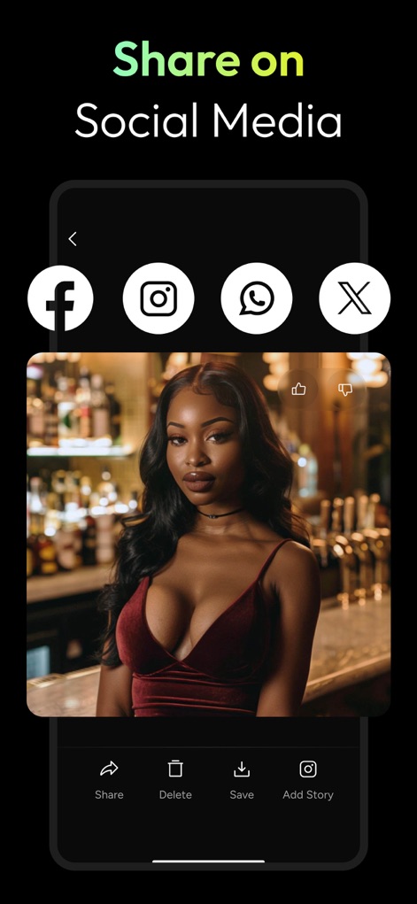 AI Photo Generator - Fotorama - The app facilitates seamless sharing of creations across popular platforms like Facebook and Instagram, with prominent share icons.
