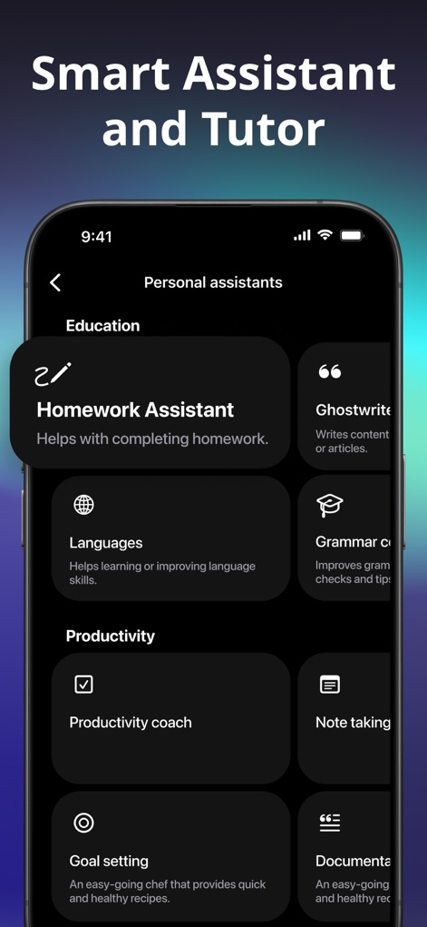 Hello AI - Chatbot Assistant - 이 도구는 숙제 도우미와 같은 교육 지원 기능을 제공하고, 생산성 코치 및 목표 설정과 같은 다양한 개인 비서 카테고리를 명확히 보여줍니다.