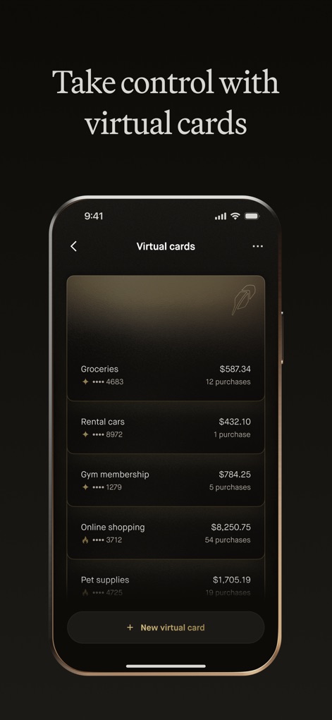 Robinhood Banking - The app demonstrates its robust virtual card system, allowing users to create specific cards for categories such as 'Online shopping' and 'Groceries' for enhanced privacy.