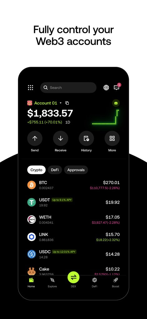 OKX Wallet: Crypto & Web3 - Die App bietet eine klare Darstellung des Gesamtguthabens mit prozentualer Veränderung über Zeit (X) und listet diverse Krypto-Assets wie BTC und USDT (Y) übersichtlich auf.