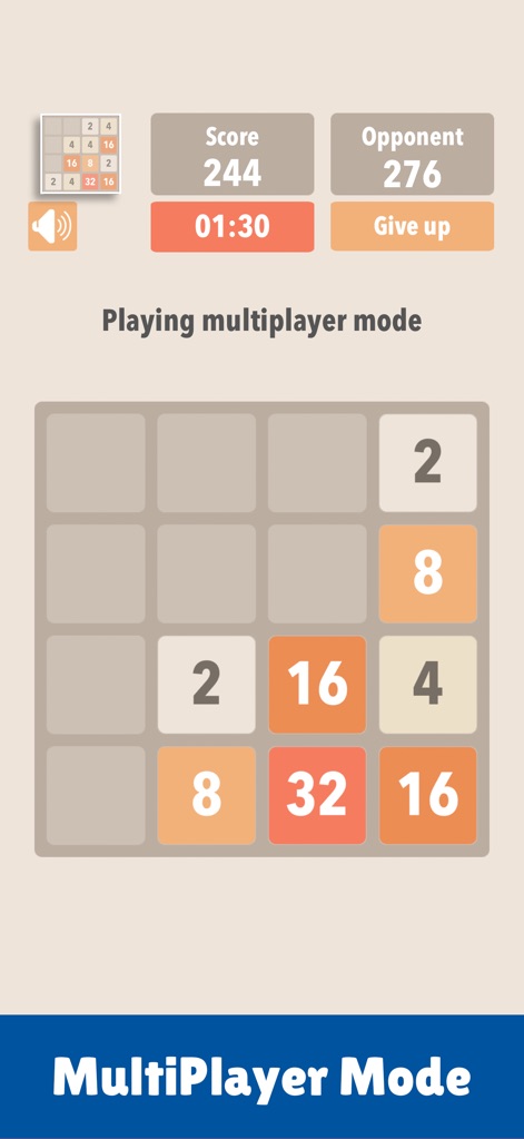 2048 :) - この画面では、「Opponent 276」という対戦相手のスコアと「01:30」の制限時間が視覚的に表示されており、他のプレイヤーとのリアルタイムな競争を促します。