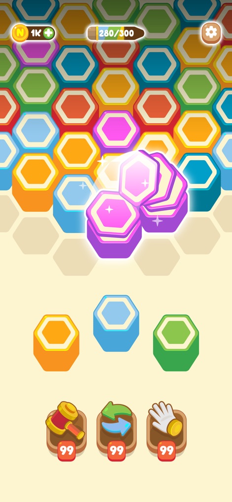 Pencil Sort™ - Color Sorting - Witness the satisfying visual feedback of multiple hexagonal tiles merging into a single stack and the colorful glowing effect signifying success.