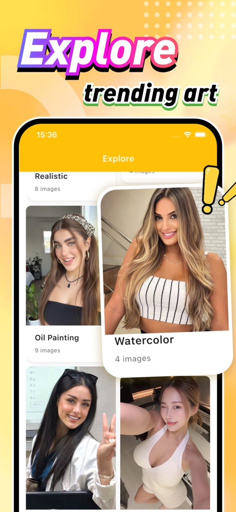 Charz - Users can explore a vibrant feed of trending artwork within the app, categorized by distinct style categories such as Realistic and Watercolor.