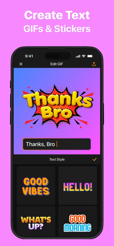 GIF Maker - Memes & GIFs - Desenvolva "GIFs de Texto & Stickers" únicos, como o vibrante "Thanks Bro", personalizando-os com uma vasta seleção de "Text Style" como "GOOD VIBES".