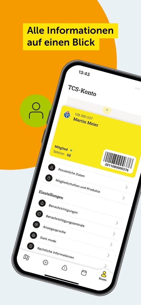 TCS - Touring Club Schweiz - The app provides a personalized account dashboard for managing memberships and products, alongside comprehensive settings for notifications and personal data.