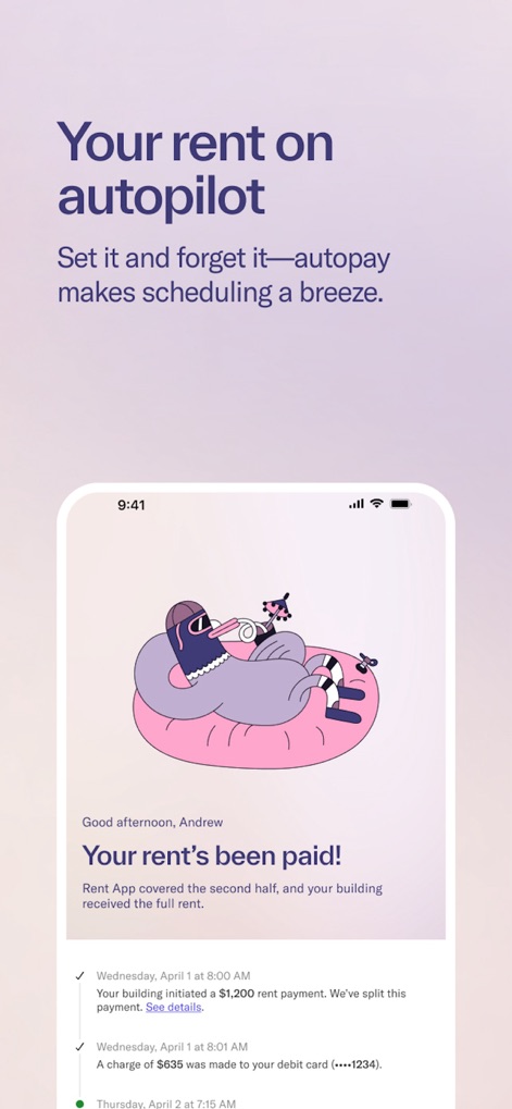 Split Pay by Rent App - This view confirms 'Your rent's been paid!' with autopay, showcasing the convenience of scheduled payments and a detailed timeline of debits and credits on specific dates like 'Wednesday, April 1'.