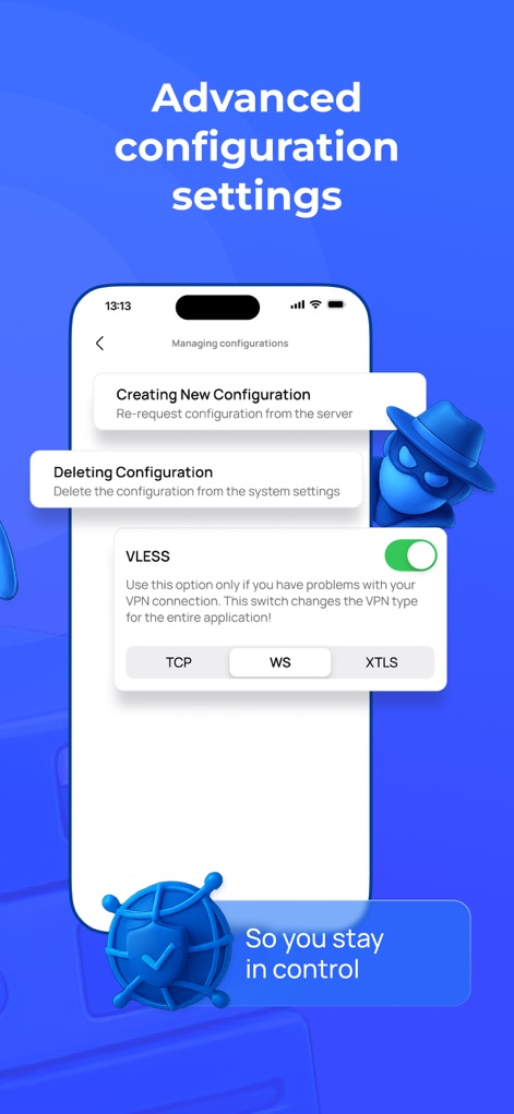 VPN Russia: Just Russian VPN - Users gain precise control over their VPN experience with advanced configuration settings, including options for "Creating New Configuration" and specialized protocol switches like "VLESS" with "TCP", "WS", and "XTLS" modes.