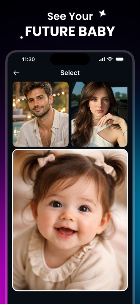 ReSnap: AI Photos & Edits - Cette fonctionnalité ludique permet de visualiser l'apparence d'un 'bébé futur' en combinant les 'traits distinctifs des deux parents' grâce à l'intelligence artificielle.