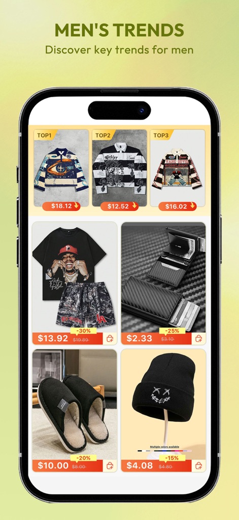 SHEIN - Shopping Online - Dive into 'MEN'S TRENDS', featuring curated 'TOP' products and visual indicators like 'multiple colors available' for product variations.