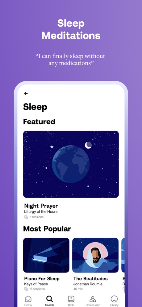 Hallow: Prayer & Meditation App Store screenshot 4, headline “Sleep Meditations”. Compares with something.
