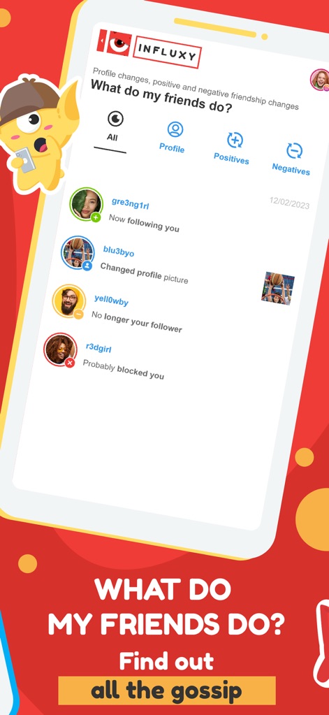 Influxy - Track the dynamic shifts in social connections, presenting detailed updates like 'No longer your follower' and categorized filters for Positive and Negative changes.