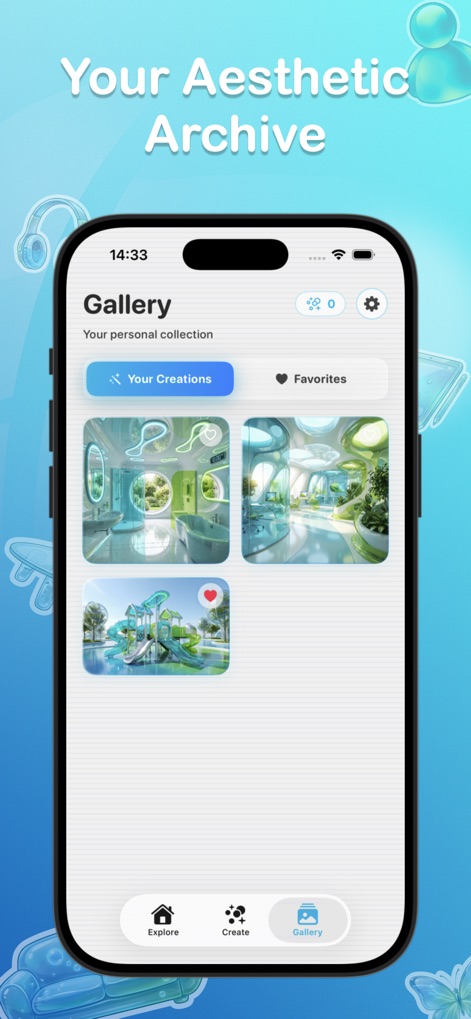 Frutiger Aero AI Art: Aesthify - La galería permite a los usuarios archivar sus composiciones futuristas con texturas pulidas, creando un portafolio personal de arte digital estilo Frutiger Aero listo para compartir.
