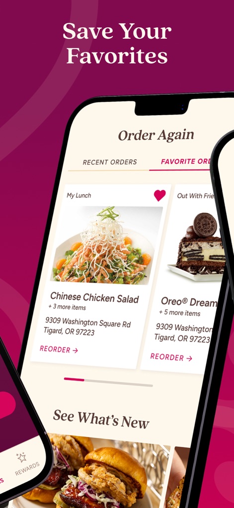 The Cheesecake Factory - The app enhances user convenience with a dedicated "FAVORITE ORDERS" tab and an effortless "REORDER" button for quick access to past selections.