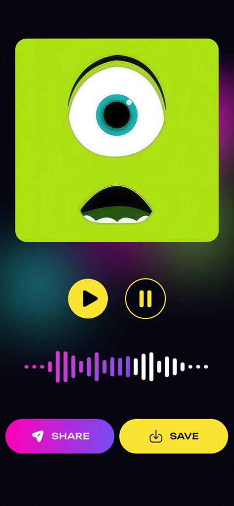 Funny Voice Changer: AI Effect - Nesta interface de reprodução, é possível observar um avatar de monstro expressivo, enquanto os botões 'SHARE' e 'SAVE' oferecem controle total sobre o compartilhamento e armazenamento do áudio gerado.