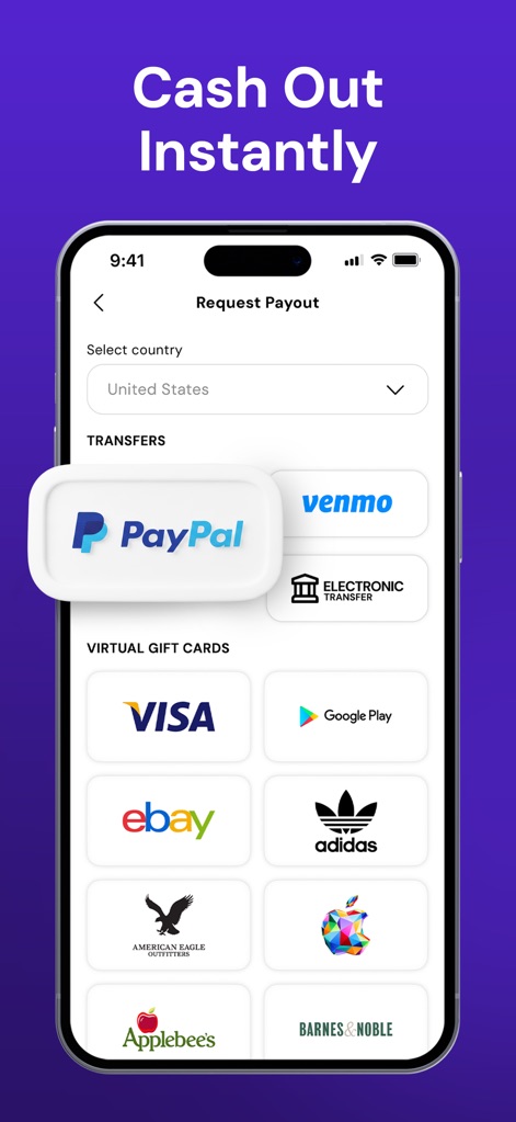Pawns.app: Money Making App - The app provides multiple convenient payout methods, including direct transfers via "PayPal" and a wide array of "Virtual Gift Cards" from popular brands.