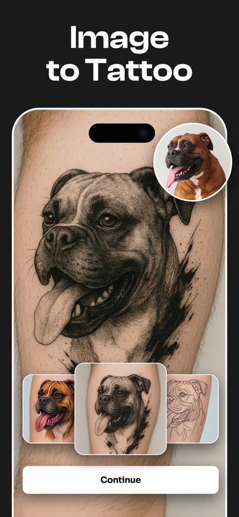 Tattooist: AI Tattoo Generator - Dieses Tool wandelt ein hochgeladenes Hundebild direkt in ein Tattoo-Design um und zeigt gleichzeitig verschiedene Stilvarianten des Entwurfs.