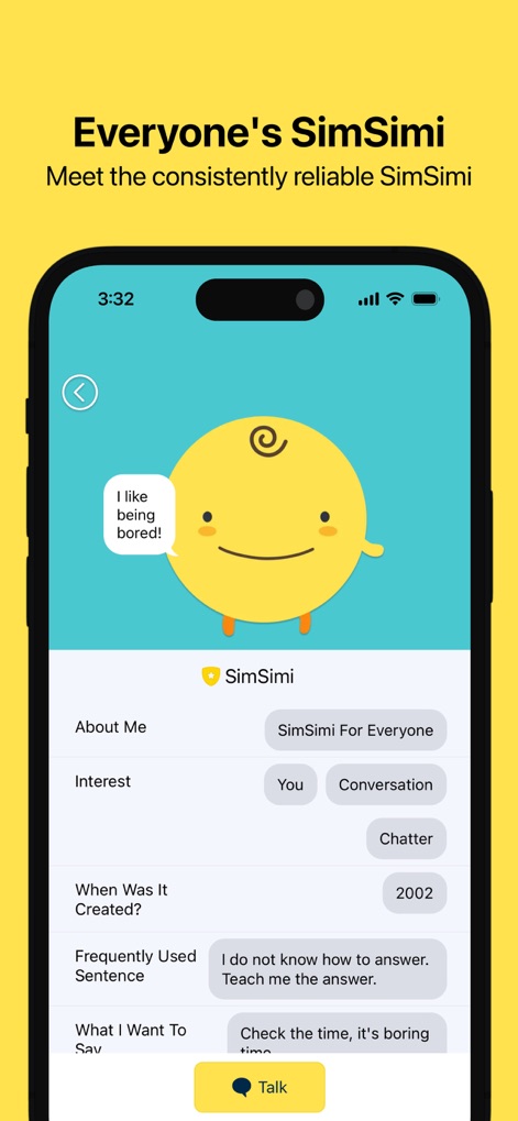 SimSimi - Explore the app's initial interface, showcasing the central yellow SimSimi character and its introductory profile details.