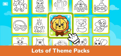 Baby Coloring Book: Kids Games - この画像には、「Lots of Theme Packs」というキャプションと共に、ライオン、車、人魚など、さまざまなキャラクターの塗り絵がテーマ別にグリッド表示されています。ユーザーは多様なテーマパックからお気に入りのイラストを選択し、創造力を刺激されるでしょう。