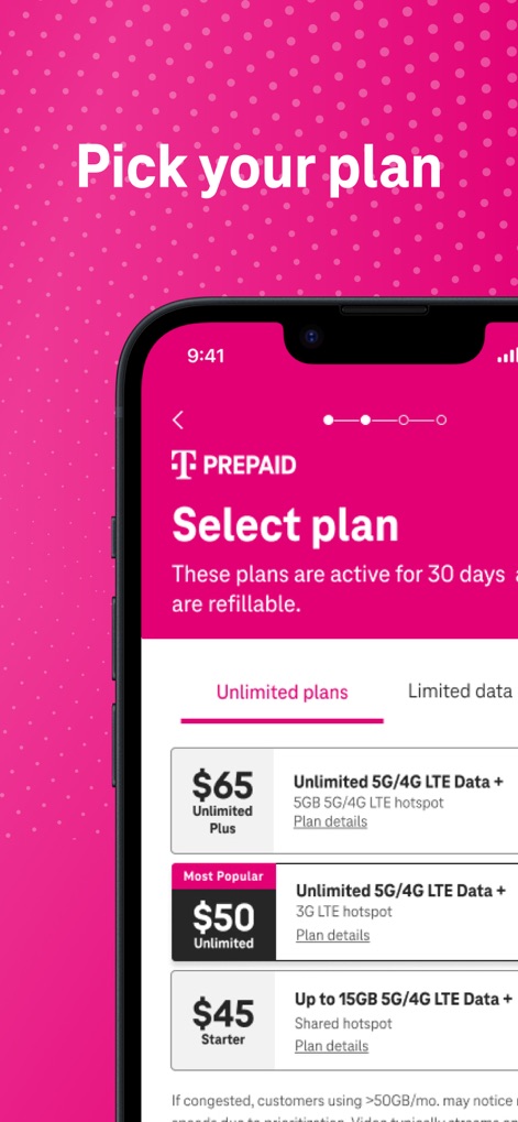 T-Mobile Prepaid eSIM - Los usuarios pueden navegar por diversas opciones de planes, destacando el plan 'Most Popular' y mostrando detalles de precios como $65 y $50 para una elección informada.