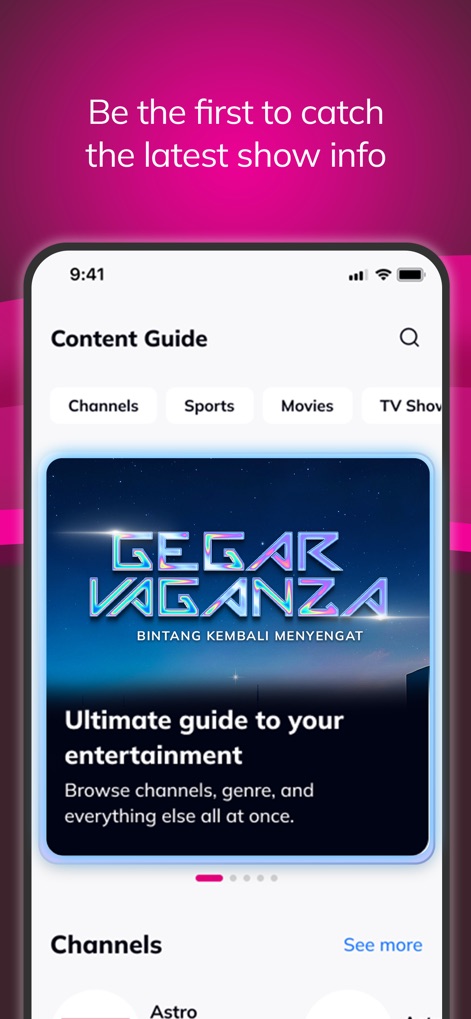 My Astro - Navigate a comprehensive content guide, featuring easy-to-use category tabs like "Channels" and "Sports" and prominent show highlights such as "Gegar Vaganza."