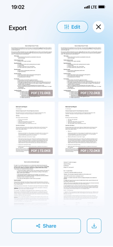 PDF Converter – Photos to PDF - Après conversion, l'écran d'exportation permet de visualiser les documents PDF générés et offre des options directes pour les partager ou les télécharger facilement.
