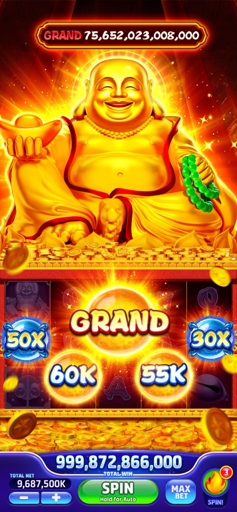 Jackpot Crazy-Vegas Cash Slots - This screenshot reveals the magnificent golden Buddha figure and an array of enticing multipliers like 50X and 60K, enhancing jackpot excitement.