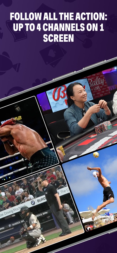 Bally Sports Live - Questa funzionalità di multivisione consente agli utenti di seguire fino a quattro eventi sportivi contemporaneamente, come un incontro di beach volley e una partita di baseball, tutti visualizzati su un unico schermo.