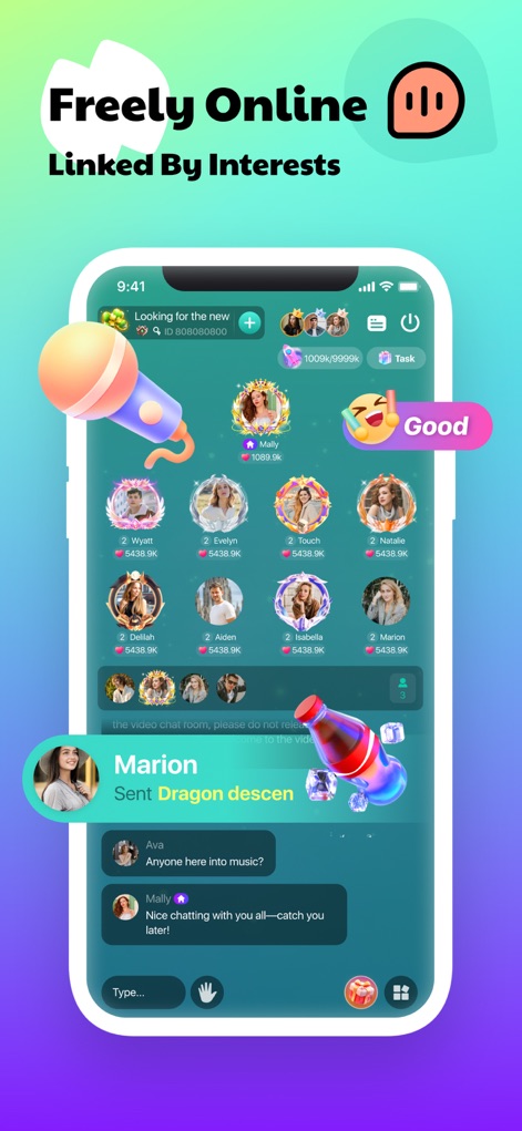 Timo Club - Multiplayer Party - The app showcases its dynamic group voice chat rooms with multiple participant avatars, complemented by real-time text chat at the bottom for engaging conversations.