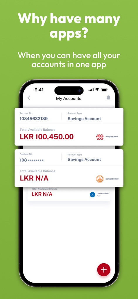 People's Pay - The app provides a consolidated view of multiple bank account listings, clearly displaying the "Total Available Balance" for each linked account.