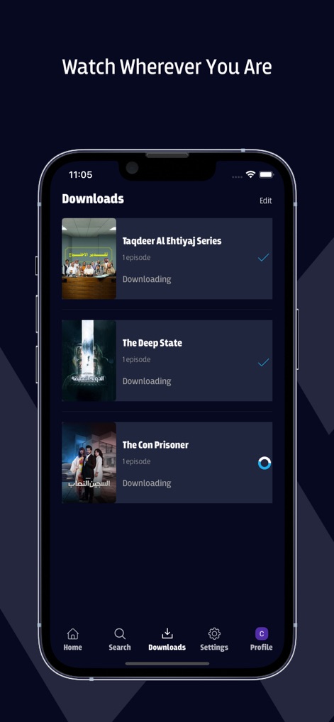 SHASHA - شاشا - Discover the app's 'Downloads' section, allowing users to store content for offline viewing, complemented by a fully-featured bottom navigation bar for seamless browsing.