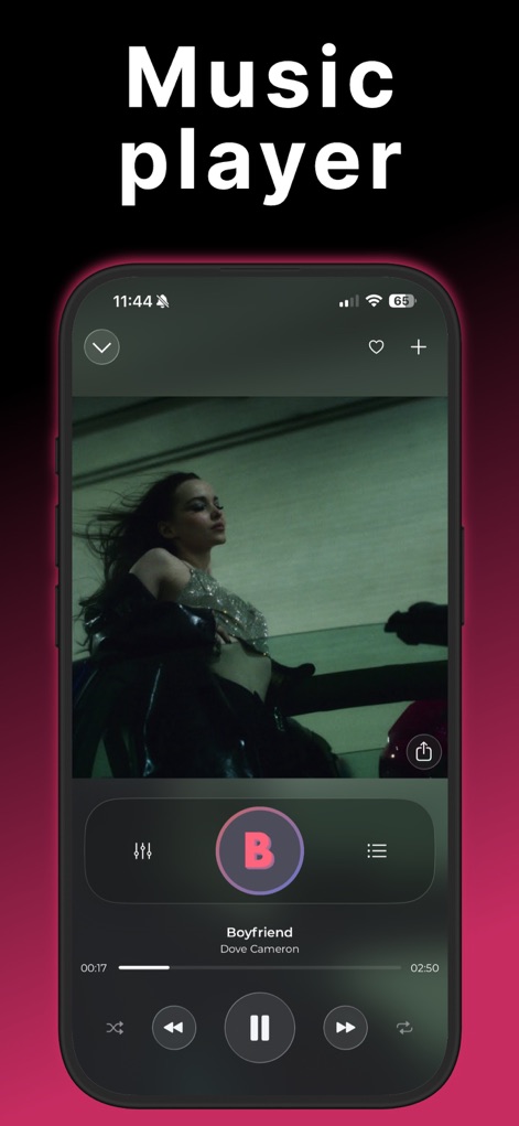 Bass Booster & Music EQ: BASSY - The app's streamlined music player interface features essential playback controls and a prominent display for album art or integrated video content.