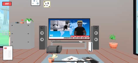 Dude Theft Wars FPS Open World - Witness the immersive in-game activities, such as watching a news report about a bank heist, within the app's detailed home environment.