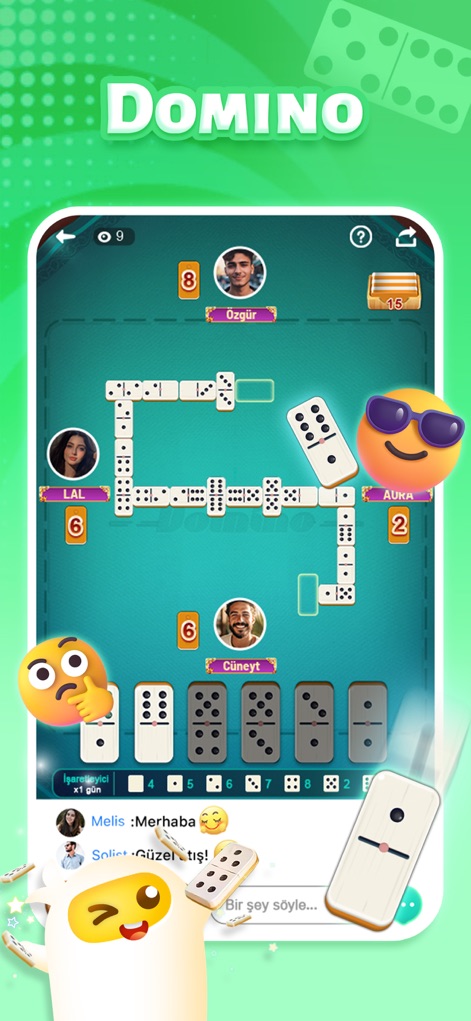 TopTop: Games&Chat - Engage in the classic Dominoes game, featuring a clear tile arrangement and user avatars with score indicators.