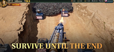 War and Order - 이 스크린샷은 강력한 기관총으로 적에게 발포하는 역동적인 방어 장면을 보여줍니다. 전방의 적 유닛과 타겟팅을 위한 조준선이 강조됩니다.