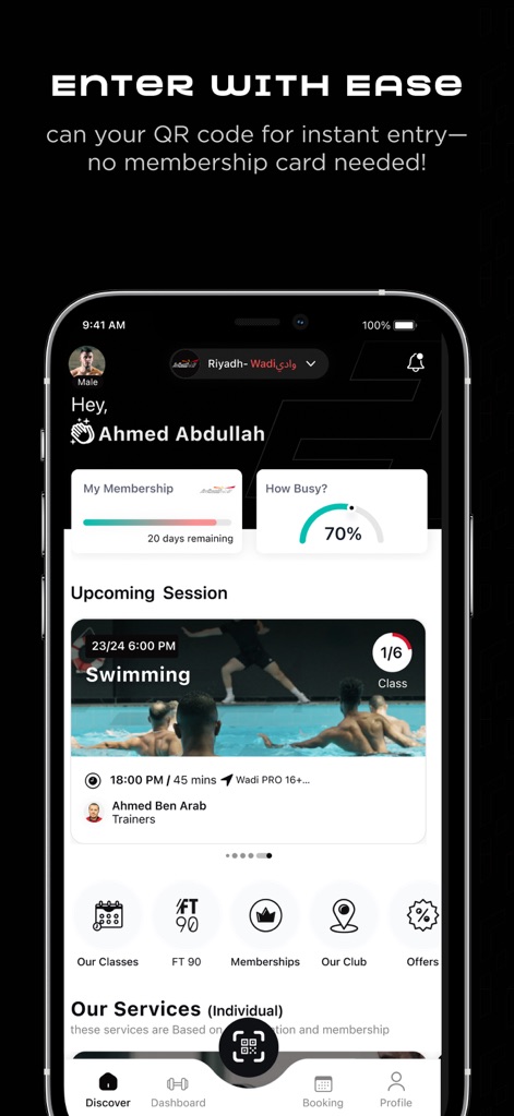 Fitness Time | وقت اللياقة - This tool streamlines gym access with a QR code entry system and clearly displays upcoming session details.